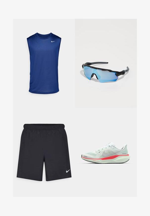 Nike Performance TEE RESET - Top - blue void/matte silver; Black athletic shorts made of lightweight material with an elastic waistband. Features a small white Nike logo on the lower left side.; Light green Nike running shoe with a mesh upper, featuring a pink and white sole, showcasing a sleek, modern design.; Sport sunglasses with a black frame, large blue-tinted lenses, and a sturdy design. They feature enhanced wraparound coverage.