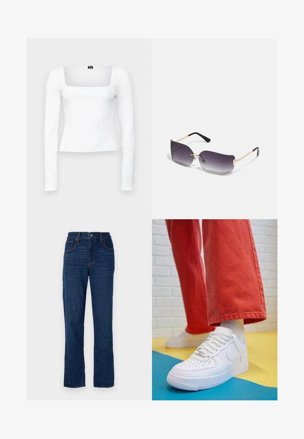 White long-sleeve top with a square neckline, ribbed texture, fitted design, and a small bow detail at the front above the hem.; Dark blue denim straight-leg jeans with a five-pocket design, orange stitching, and a button closure at the waistband.; White leather sneaker with perforated toe box, textured sole, and white laces, paired with wide red pants and a blue and yellow background.; Sunglasses with a gray gradient lens, gold metal frame, and black plastic accents. Unique butterfly-shaped lenses with thin arms.