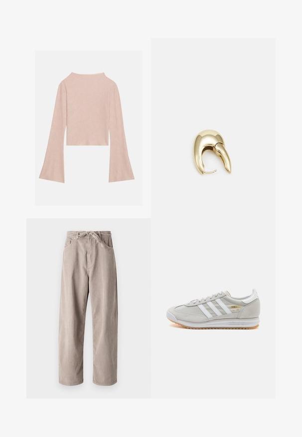 Világos rózsaszín, hosszú ujjú cropped felső, textúrált anyagból készült, széles ujjakkal és enyhe fényességgel. Lekerekített nyakkivágás hátul.; Beige bordás nadrág laza fazonnal, állítható derekkal, két elülső zsebbel és függőleges bordázott textúrával.; Világosszürke sportcipő velúr és hálós anyagból, három fehér csíkkal, kerek orral és gumi talppal. Arany logó dísz a fűzők közelében.; Aranyszínű fém fülbevaló, elegáns, ívelt formával. Különleges hegyes alak, fényes felszín és zsanéros záródás jellemzi.