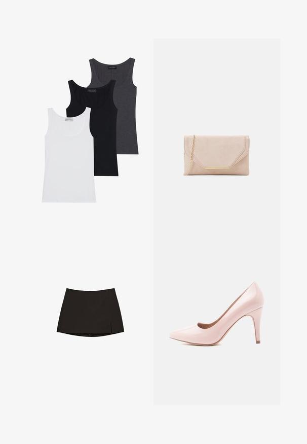 Tri majice brez rokavov v belih, črnih in temno sivih barvah, z okroglim izrezom in izdelane iz mehkega, raztegljivega materiala. Na vsaki so vidne oznake.; Črna mini krila s ravnim krojem in rahlo stransko odprtino. Narejena iz gladkega materiala, ima čist rob in minimalističen dizajn.; Roza patentna usnjena visoka petka s ostrim nosom in elegantno silhueto, ki ima 10-centimetrsko stiletto peto in gladko površino.; Bež mul svinčnik s zlatim verižnim ročajem in pravokotnim okrasnim detajlom. Ima preklopni pokrov z naklonskimi robovi in podrobnostmi šivanja.
