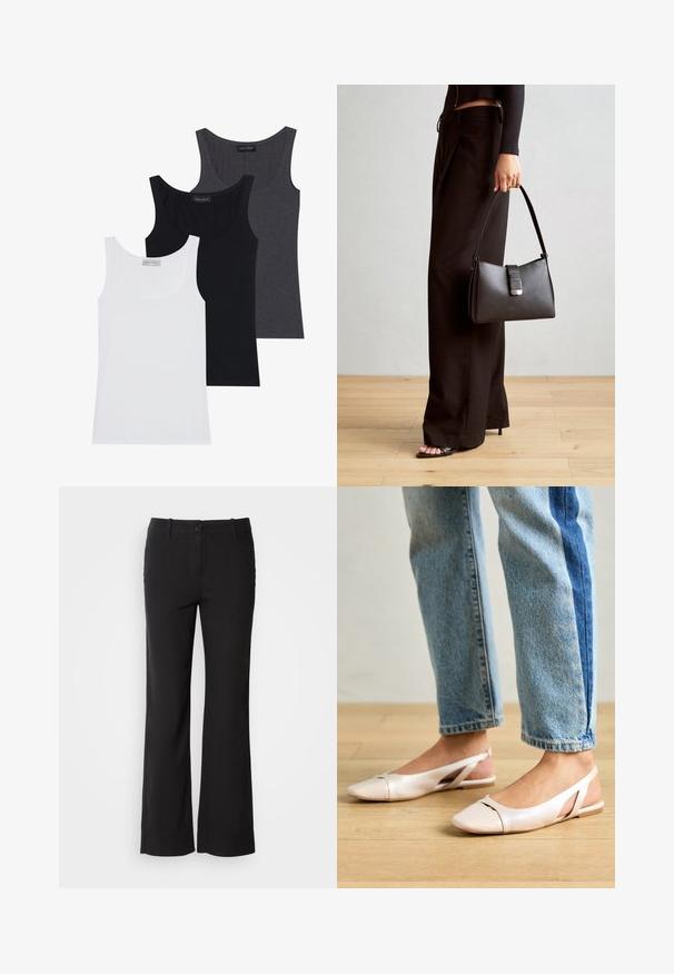 Tri majice bez rukava u bijeloj, crnoj i tamnosivoj boji, s izrezom u obliku luka, izrađene od mekanog, rastezljivog materijala. Oznake su vidljive na svakoj od njih.; Crne hlače od pamučne mješavine ravnog kroja, s prednjim kopčanjem na gumb i dva bočna džepa. Glatka tekstura, bez vidljivih uzoraka.; Svijetlo ružičaste slingback balerinke s šiljastim vrhom, izrađene od glatkog materijala nalik koži. Sadrže izrezane detalje sa strane i ravnu petu.; Crna torba s oblikom koji sadrži strukturu, glađu teksturu i metalnu kopču. Uparena s širokim crnim hlačama i sandalama na otvorenom s drvenog poda.