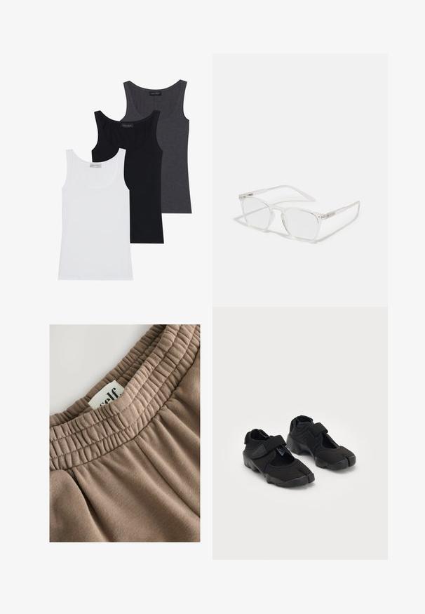 Tre canotte in bianco, nero e grigio scuro, con scollatura a girocollo e realizzate in un tessuto morbido ed elastico. Etichette visibili su ciascuna.; Fascia elastica marrone con texture arricciata, etichetta attaccata con la scritta "self", e tessuto morbido che presenta una superficie liscia e una tonalità neutra.; Scarpe d'acqua nere realizzate in tessuto flessibile con una fascia in Velcro, dotate di un design unico a punta divisa e suola in gomma texturizzata per una buona aderenza.; CHPO ZEBBE UNISEX - Occhiali anti luce blu - transperent; DRAGON DIFFUSION ROSANNA - Borsa a mano - dark brown