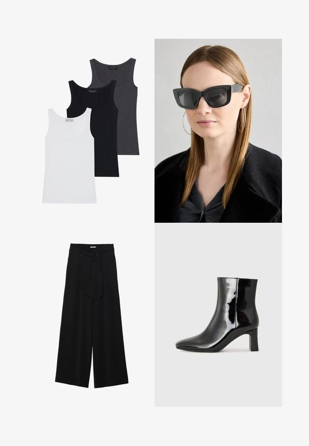Kolme hihaton paita valkoisena, mustana ja tummanharmaana, joissa on avara kaula-aukko ja jotka on valmistettu pehmeästä, joustavasta kankaasta. Tunnisteet näkyvät jokaisessa.; Mustat leveät housut, joissa on teksturoitu kangas, joustava vyötärö ja irrotettava nauha vyötäröllä säädettävää istuvuutta varten.; Musta patenttilakattu nilkkuri, jossa on terävä kärki ja keskipitkä lohkarekorko. Silkkinen pinta ja minimalistinen muotoilu.; Mustan kissakuvioisen aurinkolasit tummilla linsseillä, paksuilla kehyksillä ja hillityillä yksityiskohdilla. Yhdistetty mustaan takkiin ja harmaaseen paitoihin, joissa on pitkät suorat hiukset.