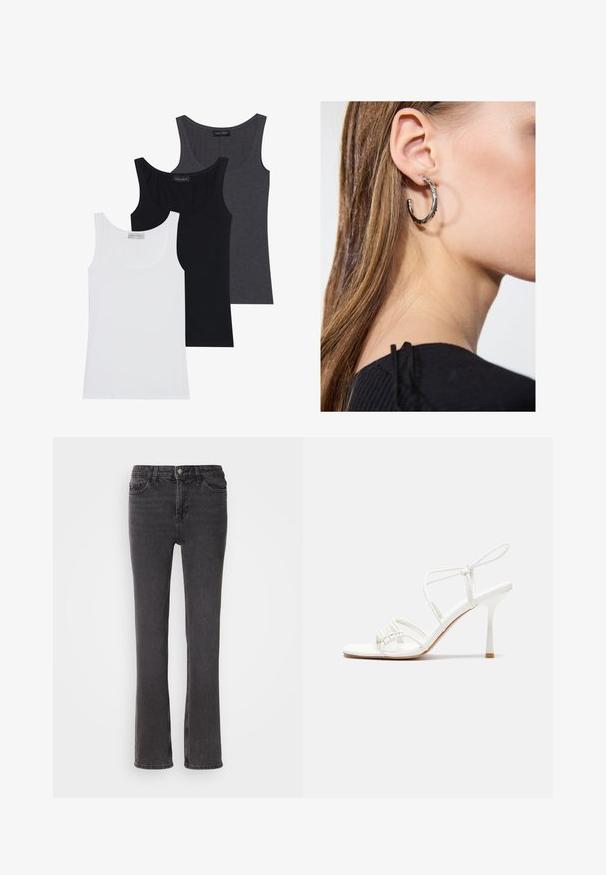 Tričko bez rukávov v bielej, čiernej a tmavošedej farbe s vykrojeným dekoltom, vyrobené z mäkkej a elastickej látky. Na každom sú viditeľné štítky.; Čierne džíny z denimu s rovnom strihom, ktoré majú predné vrecká, zips a jemné švy. Tkanina má jemnú textúru.; Biele sandále na vysokom podpätku so štíhlym remienkom okolo členku a plochou základňou na prsty, textúrovaný predok so zhluky akcentov.; Strieborná kruhová náušnica s lesklým povrchom, obsahujúca malé zlaté akcenty a okrúhly tvar, nosená na lalôčiku ucha.