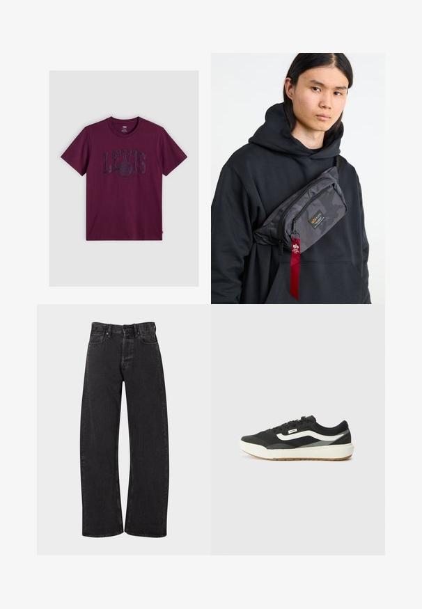 Burgundijas T-krekls, kas izgatavots no kokvilnas, ar lielu paceltu LEVI'S logo uz krūtīm. Klasisks apaļš kakla izgriezums un īsās piedurknes.; Melnas džinsus ar brīvu, plašu kājas piegriezumu. Džinsi ir augstā jostasvietā, ar piecām kabatām un klasisku pogu un rāvējslēdzēja aizdari.; Melni sporta apavi ar baltām akcentiem, ar gludu sintētisku virsējo daļu, apaļu formu un gumijas zoli, apvienoti ar gaiši bēšām biksēm.; Melna kapuce ar pelēku kamuflāžas somu, kas aprīkota ar rāvējslēdzēja nodalījumu un sarkanu zīmola birku, valkāta pāri krūškurvim.