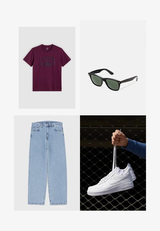 Burgunder T-shirt lavet af bomuld, med et stort, prægede LEVI'S logo på tværs af brystet. Klassisk rund halsudskæring og korte ærmer.; Lyseblå denimjeans med straight leg-design, der har en mid-rise talje, fem lommer og en lukning med knap og lynlås.; Hvide lædersneakers med perforeringer, rund tå, flad sål og tykke snørebånd, med et synligt swoosh-logo og "AIR" på hælen.; Sorte plastiksolkaber med grønne linser, firkantede stel, sølvaccent på brynene og teksturerede templede arme. Angivet mærke på den indre arm.