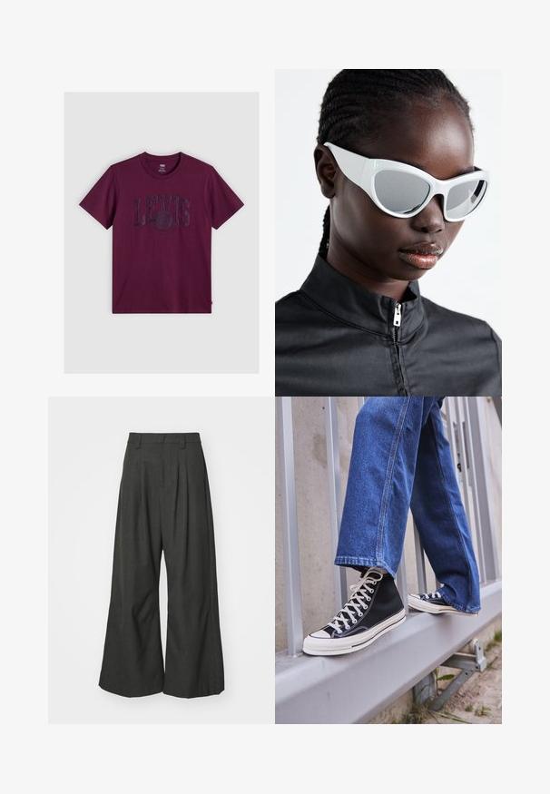 Burgundy T-shirt made of cotton, featuring a large, embossed LEVI'S logo across the chest. Classic crew neckline and short sleeves.; Jaded London GOLIATH TROUSER UNISEX - Trousers - grey; Black high-top sneakers with white sole and laces, paired with loose blue denim jeans, resting on a gray railing.; White sunglasses with a bold, oversized design and mirrored lenses, featuring smooth plastic frames and accentuated curves.