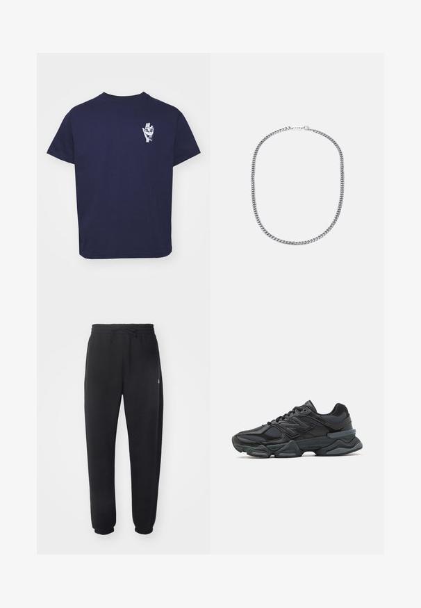 Tamsiai mėlynas medvilninės medžiagos marškinėliai su trumpomis rankovėmis ir apvalia iškirpte. Priekyje, kairėje krūtinės pusėje, yra balta rankos grafika.; Juodi sportiniai kelniai, pagaminti iš minkštos medžiagos, su elastinga juosmena, raišteliu ir siaurėjantys ties apačia, su subtiliu logotipu šone.; Juodas bėgimo batelis, pagamintas iš tinklinės ir sintetinės medžiagos, turintis stambų pado dizainą, kreivą formą ir ryškią prekės ženklą šone.; Sidabrinė metalinė grandinėlė su storais, tarpusavyje susijungiančiais žiedais, poliruota tekstūra ir maža sagtimi su prekių ženklo detalėmis.