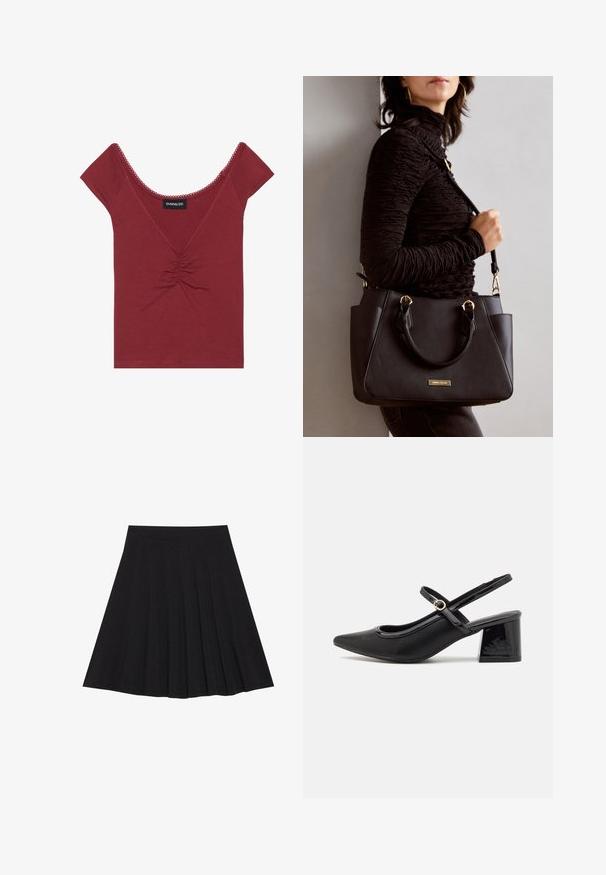 Mauve fitted top with short sleeves, scoop neckline, gathered center detail, and scalloped trim along the neckline and sleeves.; Black pleated skirt made of textured fabric with a fitted waistband. Falls to knee length, featuring a smooth, clean silhouette.; Black patent leather slingback heels with a pointed toe, a rounded cutout design, and a block heel. Features a gold-tone buckle accent.; Black handbag with textured surface, dual top handles, and adjustable shoulder strap. Features gold-tone hardware and side pockets.