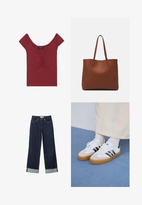 Mauve priliehavý top s krátkymi rukávmi, okrúhlym výstrihom, zhrnutým detailom v strede a vlnitým lemovaním pozdĺž výstrihu a rukávov.; Tmavo modré široké nohavice s vysokým pásom, s manžetami, kontrastným šitím a dizajnom s piatimi vreckami. Vyrobené z denimu.; Biele tenisky s čiernymi pruhmi a béžovými semišovými detailmi. Majú textúrovanú gumovú podrážku a ploché biele šnúrky, kombinované s svetlými ponožkami.; Hnedá kožená taška na rameno s hladkou textúrou, otvoreným vrchom a dvoma ramenými popruhmi. Má minimálne šitia a žiadne viditeľné kovania.