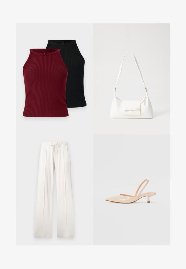 Dos camisetas sin mangas acanaladas: una burdeos y otra negra. Ambas presentan un escote alto con una forma ajustada y una textura suave.; Pantalones de chándal de color beige claro, confeccionados en tejido suave, que cuentan con una cintura con cordón, piernas anchas y costuras verticales, con una textura lisa.; Tacones slingback de charol beige con punta afilada y un tacón cuadrado delgado. Textura suave y diseño minimalista sin adornos.; Bolso sintético blanco con forma triangular, tapa frontal plana y detalle de lazo, correa ajustable, textura suave y diseño minimalista.