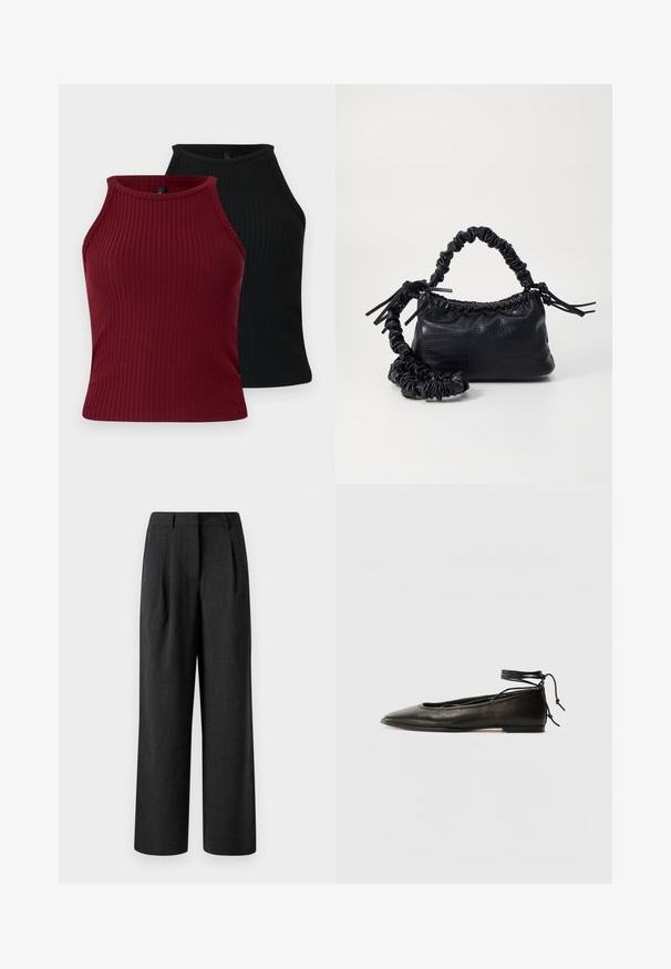 Dva rebrasta topa: jedan bordo i jedan crni. Oba imaju visoki ovratnik, prilagođenog su kroja i glatke teksture.; Crne široke hlače napravljene od teksturiranog materijala, s prednjim naborima i krojenim pojasom, dizajnirane za slobodno pristajanje.; Crne kožne baletanke s oštrim prstom, vezanjem oko članaka i ravnim potplatom, s glatkom teksturom i minimalističkim dizajnom.; Crna torba od umjetne kože s teksturom krokodila, s cinčanim vrhom i naboranom trakom. Izgleda mekano i kompaktno u dizajnu.