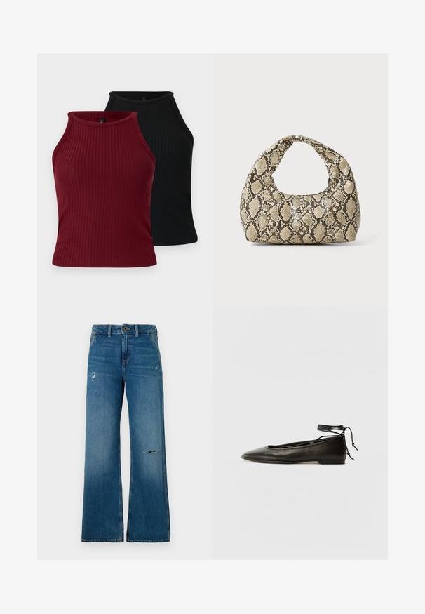 Two ribbed tank tops: one burgundy and one black. Both feature a high neckline with a fitted form and smooth texture.; Blue denim wide-leg jeans with a faded texture, featuring two distressed areas on the front, a button closure, and five-pocket design.; Black leather ballet flats with a pointed toe, ankle tie, and flat sole, featuring a smooth texture and minimalistic design.; Snake-print handbag with a curved handle. Made from textured, beige and brown materials, featuring a distinctive diamond pattern.