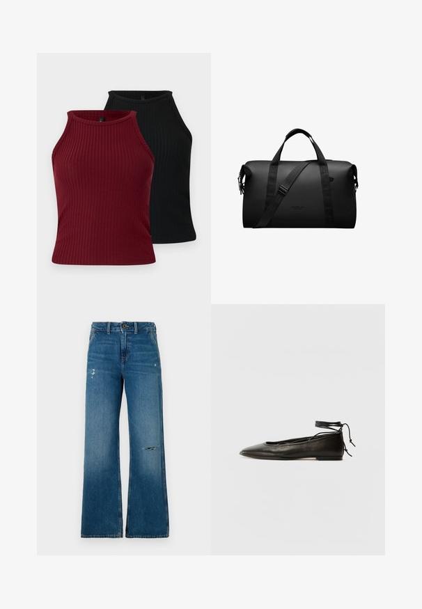 Deux débardeurs côtelés : un bordeaux et un noir. Tous deux présentent un col montant, une coupe ajustée et une texture lisse.; Jean en denim bleu à jambes larges avec une texture délavée, présentant deux zones usées sur le devant, une fermeture à bouton et un design à cinq poches.; Ballerines noires en cuir avec un bout pointu, une attache à la cheville et une semelle plate, caractérisées par une texture lisse et un design minimaliste.; Sac de sport noir en matériau durable ; doté de doubles poignées et d'une bandoulière ajustable ; design minimaliste avec un détail de logo.