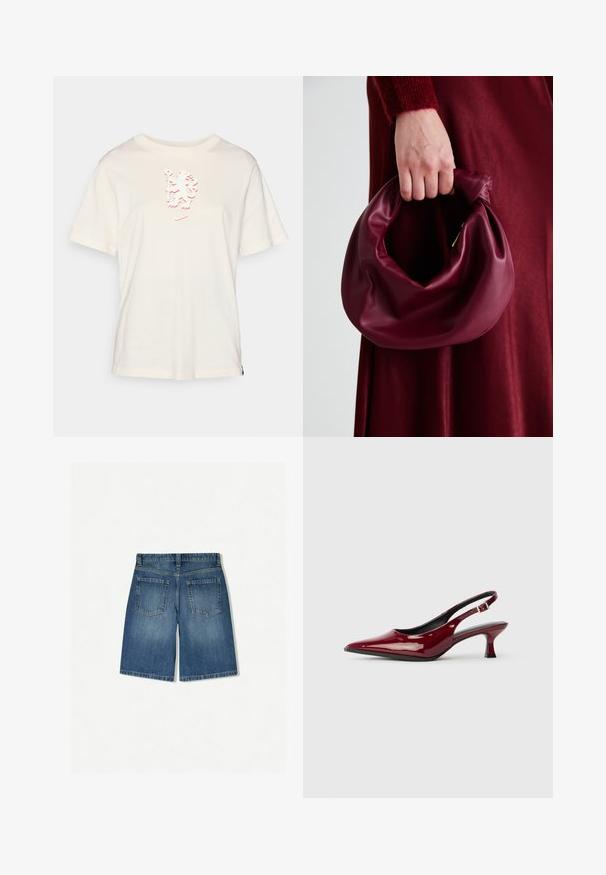 T-shirt in cotone color crema con maniche corte e un design grafico rosso testurizzato sulla parte anteriore. Presenta un collo a giro e un orlo arrotondato.; Shorts in denim blu medio con vestibilità rilassata, dotati di due tasche posteriori e orlo dritto e pulito. Design classico a cinque tasche.; Décolleté in pelle verniciata bordeaux con punta affusolata e tacco a spillo elegante. Design aperto sul retro con dettaglio della fascia alla caviglia regolabile.; Borsa in pelle bordeaux con un design morbido e arricciato e una forma arrotondata. Il manico è fissato, mostrando una texture liscia.