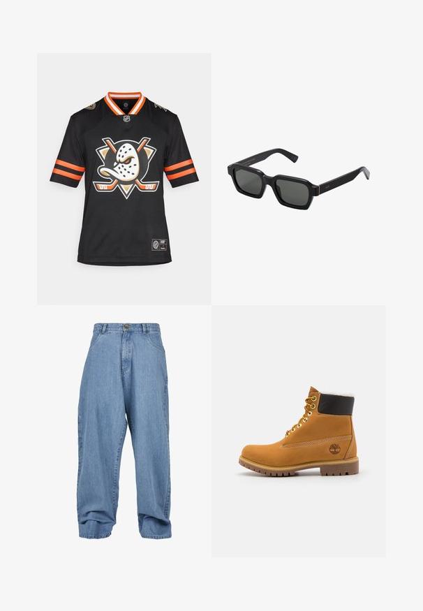 Melna hokeja krekls ar izteiksmīgu baltu maskas logo, oranžām akcentēm uz piedurknēm un V-veida kakla izgriezumu ar kontrastējošām svītrām.; Gai zili džinsi ar brīvu piegriezumu, pogu aizdari, priekšējām kabatām un sagūstītu apakšmalu, ar klasisko piecu kabatu dizainu.; Brūni ādas potītes zābaki ar metāla acīm, balto kažokādu oderi, melnu mīkstinātu apkakli, izturīgu zoli un iegravētu logo sānos.; Melnas, kvadrātveida saulesbrilles ar pelēkiem stikliem. Biezas plastmasas kājas ar zelta akcentiem un zīmola nosaukumu uz kājas. Gluda tekstūra.