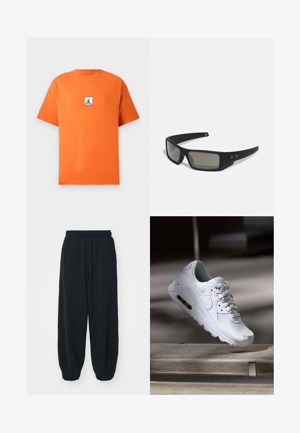 Oranž puuvillane T-särk, millel on ümmargune kaelus ja lühikesed varrukad. Rinnal on must Jordan'i logo valges ruudus. Klassikaline istuvus.; Mustade elastse vöökoha ja laia lõikega dressipüksid, mansetiga sääred, sile tekstuur ning ilma nähtavate mustrite või detailideta.; Valged Nike Air Max 90 sneakers, millel on võrkkangast ja nahast ülemine osa, aukudega varbadosa ning nähtav õhuüksus kandades.; Mustad mustaga viimistlusega prillid, ristkülikukujulised läätsed, templite kerge kõverus, diskreetne logo detail ja suitsutatud läätsed.