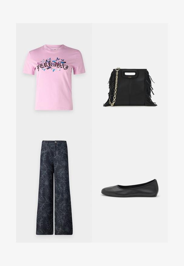 CHIARA FERRAGNI MAGLIETTE - Printtipaita - mauve mist; Tumman-denimin leveälahkeiset housut, joissa on vaaleansininen brodeerattu kukkakuosi. Klassinen viiden taskun muotoilu etupainikkeella.; Musta nahkainen ballerina, jossa on pyöristetty kärki, sileä pinta, minimaalinen ommelkoristelu ja joustava pohjamuotoilu.; Musta nahkakäekott, millel on frantsiisidetailid, kuldne õlgade rihm ja lõikega käepide. Ees on logo paigutus.