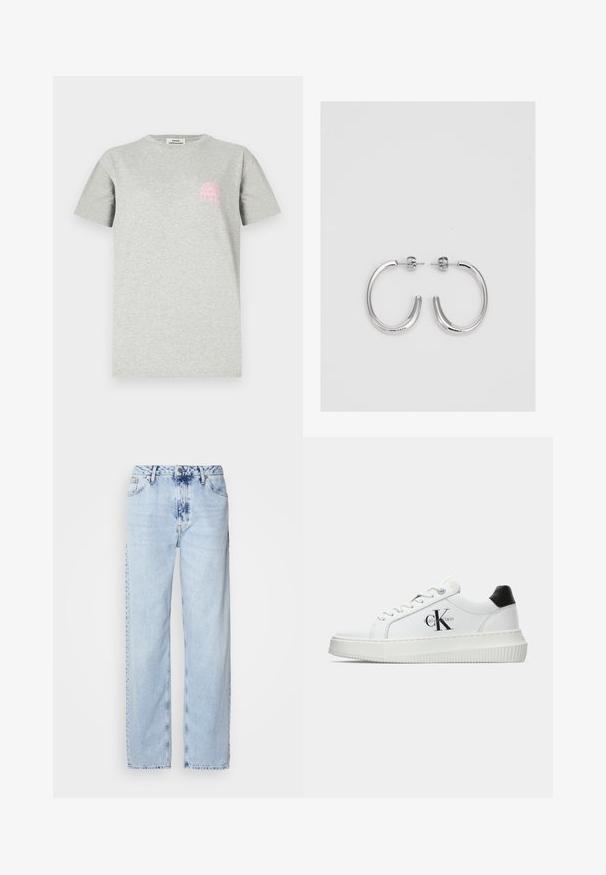 T-shirt en coton gris avec un col rond, des manches courtes, et un graphique rose représentant un arc avec des rayons de soleil sur la poitrine gauche.; Jeans large bleus clairs en denim, avec une taille haute, un lavage décoloré et un motif tie-dye subtil à l'avant.; Baskets basses blanches avec un tab de talon noir, semelle plateforme, lacets et logo "CK" de Calvin Klein sur le côté.; Boucles d'oreilles en argent avec une finition lisse et brillante. Forme arrondie, conception légère, avec un fermoir à tige.