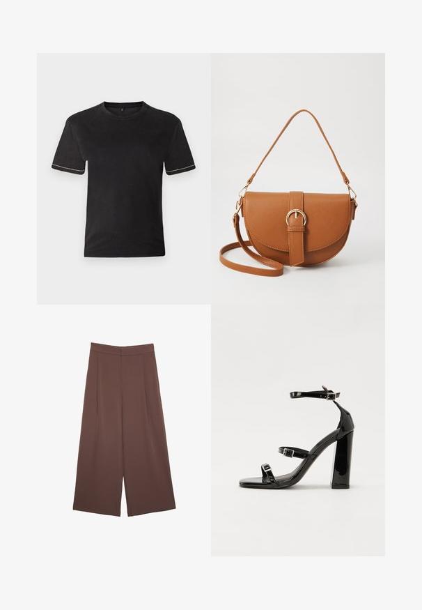 Svart bomullströja med korta ärmar, rund halsringning och kontrasterande vit sömnad vid ärmsluten. Slät textur, avslappnad passform.; Bruna vida byxor med en slät textur, som har hög midja och framfickor. Tyget är lätt och flödar löst.; Svarta lackerade klacksandaler med fyrkantig tå, ankelremmar och silverfärgade spännen. Har en kraftig blockklack för stabilitet.; Brun läder crossbody-väska med en böjd form, gyllene detaljer och en spänneaccent. Har en avtagbar axelrem.