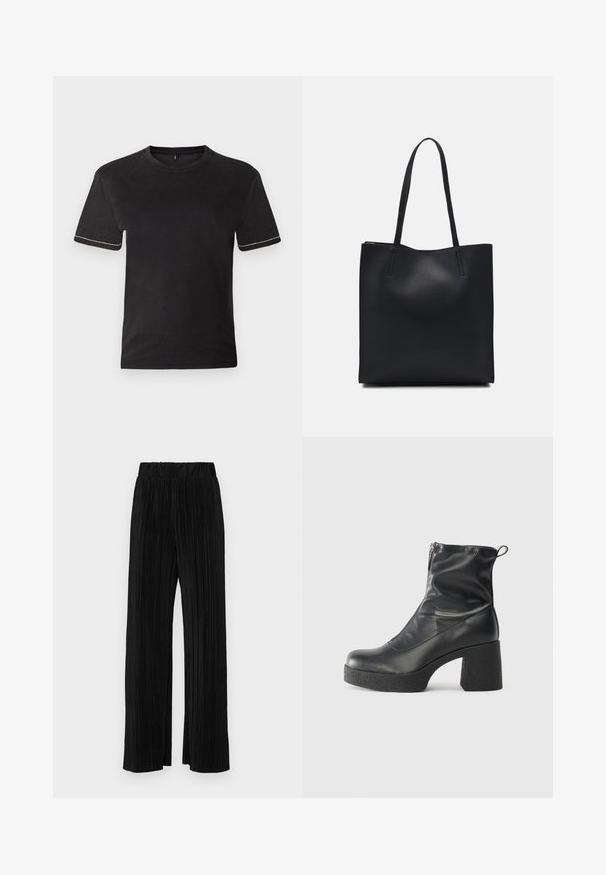 Črna bombažna majica s kratkimi rokavi, okroglo izrezom in kontrastnim belim šivom na manšetah rokavov. Gladka tekstura, sproščen kroj.; Črne plisirane hlače z elastičnim pasom. Imajo široke noge in gladko, teksturirano tkanino z navpičnimi črtami.; Črne gležnjarje iz gladke kože z božnim zadrgo, masivnim teksturiranim peto in zaobljeno obliko prstov.; Črna usnjena torba s svilnato teksturo, pravokotne oblike in dvema dolgima ročajema. Brez vidnih metalnih delov ali okrasnih elementov.