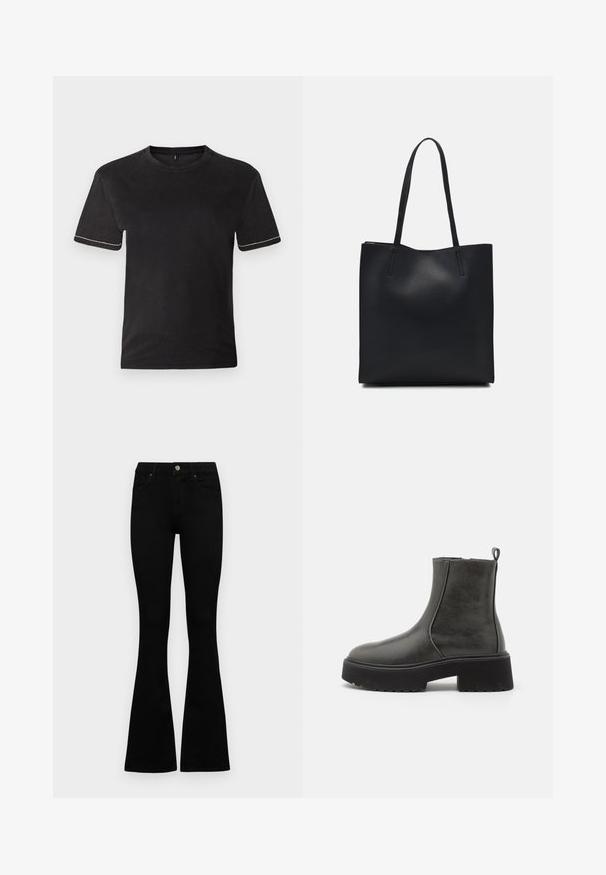 Black cotton t-shirt with short sleeves, round neckline, and contrasting white stitching at the sleeve cuffs. Smooth texture, relaxed fit.; Black high-waist jeans with a button and zip closure, front pockets, and flared legs laid flat on a white background.; Black ankle boots with a smooth synthetic upper, elastic side panels, a pull tab, and a chunky rubber sole.; Black leather tote bag with smooth texture, rectangular shape, and two long handles. No visible hardware or embellishments.