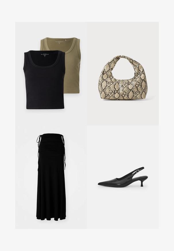 Canotte a coste nere e verde oliva con spalline larghe e scollo rotondo, caratterizzate da una texture morbida e un design aderente.; Abito nero fino alla caviglia realizzato in tessuto morbido ed elastico, con busto arricciato e lacci regolabili sui lati, creando una silhouette fluida.; Scarpa slingback nera in pelle con punta affusolata e tacco sottile e curvato. Presenta una discreta fascia regolabile con una fibbia in metallo.; Borsa a stampa rettile con manico curvo. Realizzata in materiali testurizzati beige e marroni, presenta un distintivo motivo a rombi.