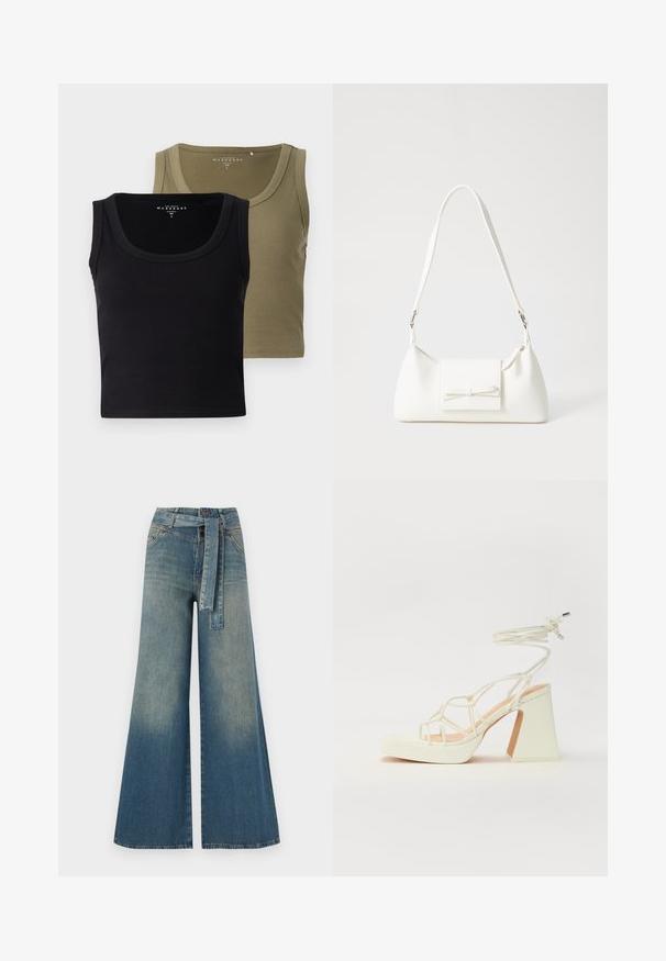 Schwarz- und olivgrüne gerippte Tanktops mit breiten Trägern und einem runden Ausschnitt, die eine weiche Textur und eine figurbetonte Passform bieten.; Weit geschnittene Denim-Hosen mit einem Farbverlauf von hellblau zu dunkelblau, hoher Taille, Gürtelschlaufen und einem passenden Stoffgürtel. Strukturierte Denim-Oberfläche.; Weiße High-Heel-Sandale mit einem klobigen Absatz, die über ein Riemchendesign und ein Knöchelband verfügt. Glatte Textur mit einer Plattform vorne für zusätzliche Höhe.; Weiße synthetische Handtasche in dreieckiger Form, flache Vorderklappe und Schleifendetail, verstellbarer Trageriemen, glatte Textur und minimalistisches Design.