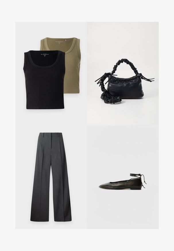 Sorte og olivengrøn ribbede toppe med brede stropper og rund halsudskæring, der har en blød tekstur og et tætsiddende design.; Bredde benbukser i mørkegrå stof, med høj talje, enkelte læg og en glat tekstur med en ren finish ved kanten.; Sorte læder ballerinaer med spids tå, ankelbinding og flad sål, der har en glat tekstur og minimalistisk design.; Sort kunstlæder håndtaske med krokodilteksur, indsnøret top og en sammenkrøben rem. Ser blød og kompakt ud i designet.