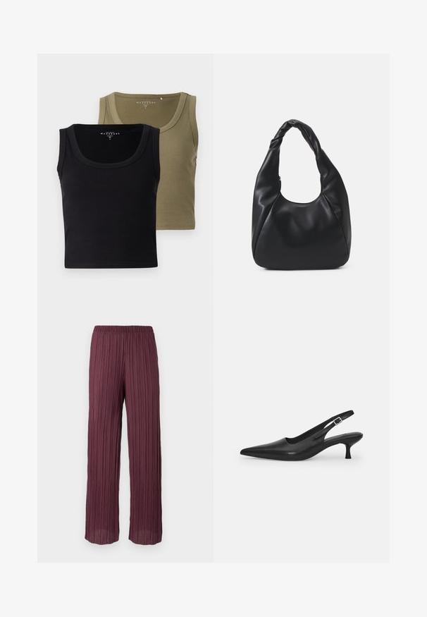 Czarne i oliwkowo-zielone prążkowane topy na ramiączkach z szerokimi paskami i okrągłym dekoltem, charakteryzujące się miękką teksturą i dopasowanym krojem.; Spodnie plisse w głębokim burgundzie z elastycznym pasem, charakteryzujące się luźnym krojem w szerokie nogawki oraz pionowymi plisami na całej długości.; Czarne skórzane buty typu slingback z wydłużonym noskiem i smukłym, zakrzywionym obcasem. Posiadają dyskretny regulowany pasek z metalową klamrą.; Czarna torba hobo wykonana z gładkiego, skóropodobnego materiału z twisted uchwytem, o miękkim, zaokrąglonym kształcie i górnym zapięciem na zamek.