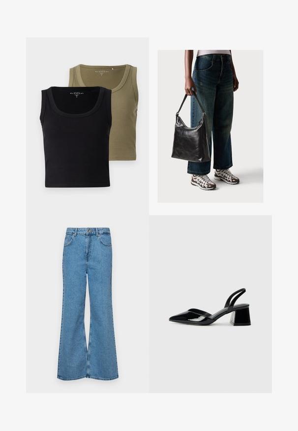 Black and olive green ribbed tank tops with wide straps and a round neckline, featuring a soft texture and a fitted design.; Light blue flared jeans made of denim, featuring a high waist, five pockets, and a single button closure. Soft texture with faded finish.; Black patent leather slingback heels with a pointed toe and a geometric block heel. Features a sleek, minimal design and smooth texture.; Black leather shoulder bag with a smooth texture and adjustable strap, paired with faded wide-leg jeans and athletic sneakers.