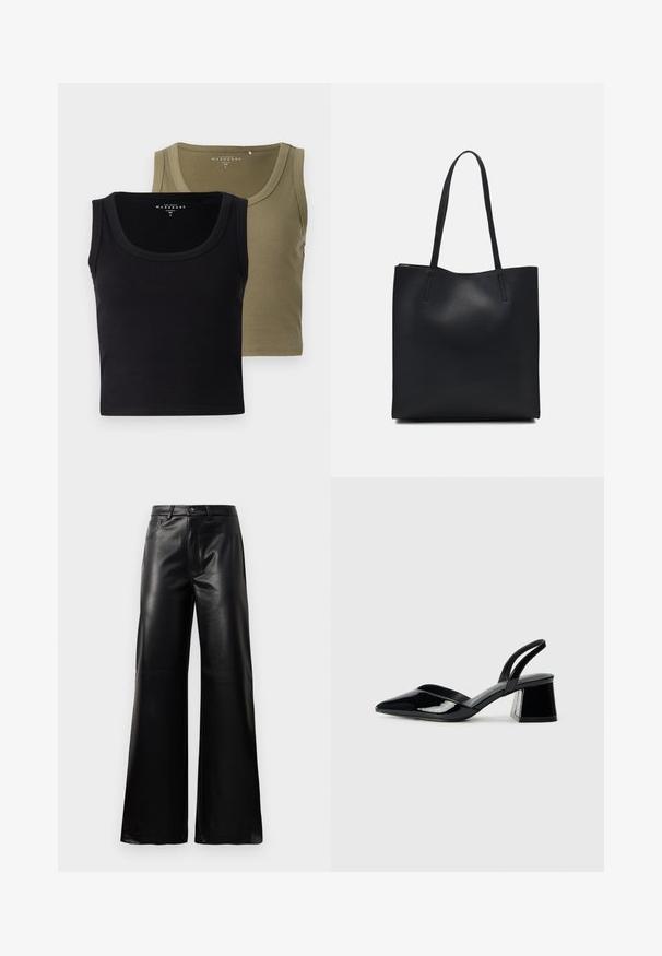 Mustard ja oliivrohelised soonilised lõhikuplid laia rihmaga ja ümmarguse kaelusega, pehme tekstuuri ja keha lähedase disainiga.; Mustad talje laiad jalad kunstnahast püksid esipaneeli nööbi ja lukuga, vöödega ja küljetaskutega valge tausta peal.; Mustad musta lakknahk kingad, millel on terav varvas ja geomeetriline plokkkonts. Omab elegantselt minimalistlikku disaini ja sujuvat tekstuuri.; Mustast nahast kott sujuva tekstuuriga, ristkülikukujuline ja kahe pika sangaga. Pole nähtavat riistvara ega kaunistusi.