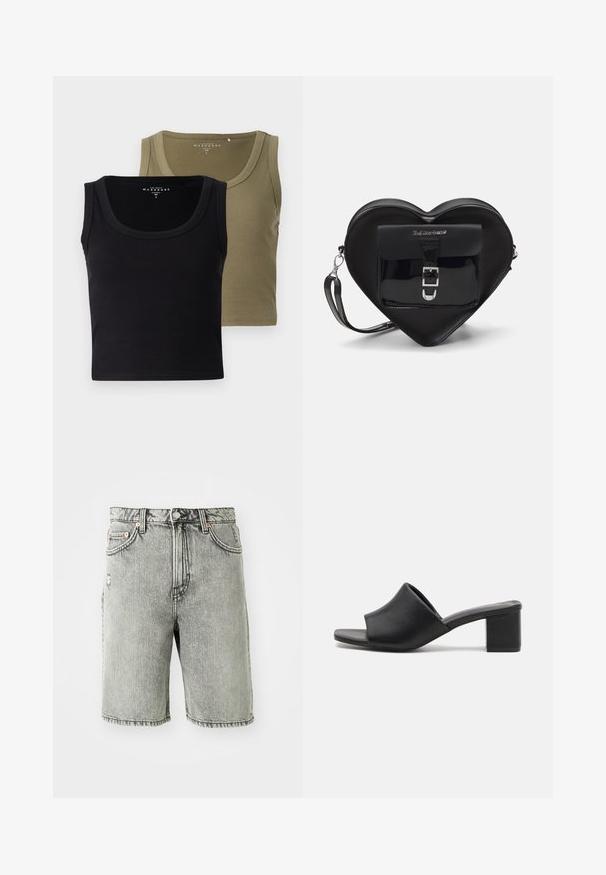 Črne in olivno zelene rebraste majice brez rokavov s širokimi naramnicami in okroglim izrezom, ki se ponašajo z mehkobo in prilegajočo zasnovo.; Sive denim kratke hlače z klasičnim pet-pocket dizajnom, bledim videzom in našitki na robovih in pasu.; Črne usnjene mule z blokastim petami in odprto tobko, s sijočo površino in rahlo ukrivljenim zgornjim delom za udobje in stil.; Črna torbica v obliki srca, izdelana iz lakirane usnje, s sprednjim žepom, ki se zapira z zaponko, in snemljivim trakom. Srebrni dodatki.