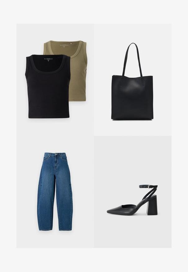 Schwarz- und olivgrüne gerippte Tanktops mit breiten Trägern und einem runden Ausschnitt, die eine weiche Textur und eine figurbetonte Passform bieten.; Denimjeans in einer mittleren blauen Waschung, mit hoher Taille, weit geschnittenem Bein und dem typischen fünf Taschen Design mit sichtbaren Nahtdetails.; Schwarze Leder-Pumps mit spitzer Zehe, einem Knöchelriemen und einem blockigen Absatz. Flache Textur, elegantes Design und minimalistische Ästhetik.; Schwarze Laptoptasche aus Leder mit glatter Textur, rechteckiger Form und zwei langen Griffen. Keine sichtbaren Beschläge oder Verzierungen.