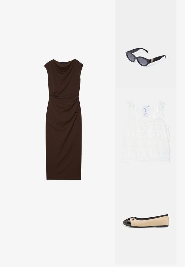Hvid ærmeløs top med tekstureret stof, der har vandrette striber. Justerbare stropper og en rund halsudskæring med detaljeret syning.; Brun knælang kjole lavet af glat stof, med en draperet halsudskæring, korte ærmer og samlede detaljer på den ene side.; Balletflade med en beige læderoverdel og en skinnende sort laklæder tåhætte. Har en lille sløjfedetalje foran. Flad sål.; Sorte katteøje solbriller lavet af plastik, med mørke linser og guldfarvede logo accenter på stængerne. Glat overflade, elegant design.; Brun læder tote taske med en glat tekstur, lodrette søm-detaljer og to flade håndtag. Åben topdesign, rummeligt interiør.