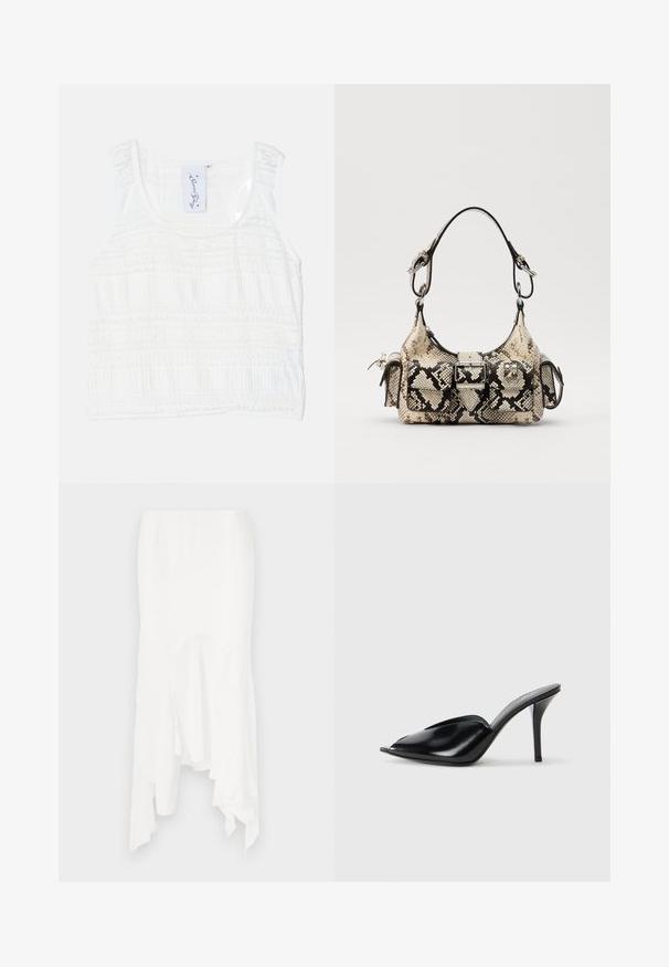 White sleeveless top with textured fabric, featuring horizontal stripe patterns. Adjustable straps and a round neckline with detailed stitching.; White asymmetrical skirt made of lightweight fabric, featuring ruffled edges and cut-out details, creating a flowing silhouette.; Black leather high-heeled mules with an open toe, pointed design, smooth texture, and a slim stiletto heel.; Python-print handbag in beige and black, featuring a structured shape, buckle detail, and dual shoulder straps. Textured surface.