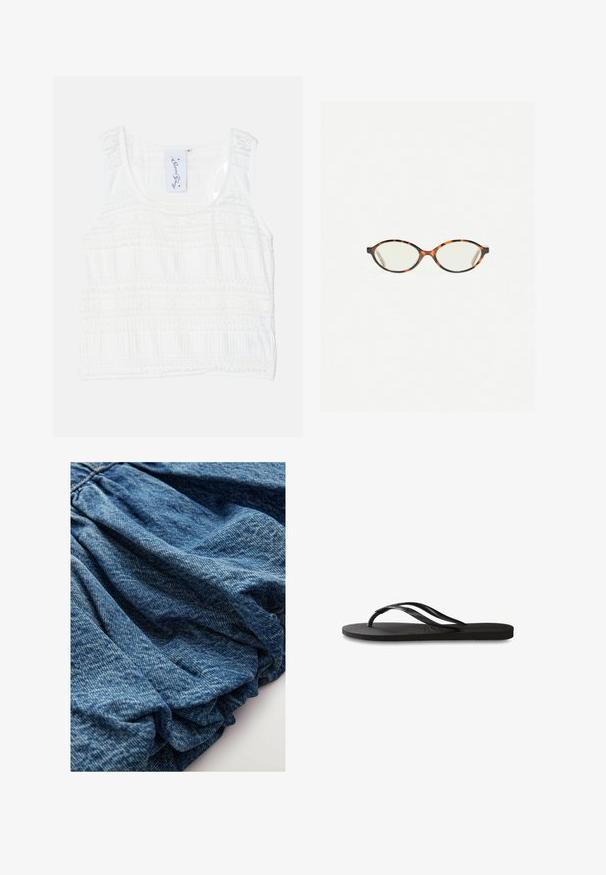 Top bianco senza maniche con tessuto testurizzato, caratterizzato da motivi a righe orizzontali. Spalline regolabili e scollatura rotonda con cuciture dettagliate.; Tessuto denim di un blu intenso, caratterizzato da una texture arricciata che crea morbide pieghe. Superficie liscia con leggere variazioni di colore.; Infradito neri con suola in gomma testurizzata, due cinghie sottili e un sottile dettaglio del logo impresso sulla cinghia.; Occhiali in tartaruga con lenti ovali e una finitura liscia e elegante. Presentano aste sottili con una leggera curva alle tempie. Lenti trasparenti.; Borsa tote in suede grigio con design morbido, ampia tracolla e grande apertura. Presenta cuciture sottili e piedini alla base per stabilità.