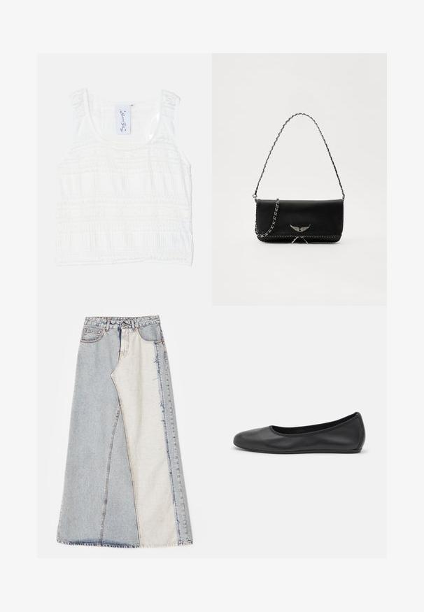 Biały top bez rękawów z teksturowanej tkaniny, ozdobiony poziomymi paskami. Regulowane ramiączka oraz okrągły dekolt z misternym przeszyciem.; Spódnica dżinsowa z wzorem patchworkowym z jasnoniebieskimi i średnioniebieskimi sekcjami, postrzępionymi brzegami i wysokim stanem. Klasyczny fason z pięcioma kieszeniami.; Czarne skórzane baletki z zaokrąglonym noskiem, gładką fakturą, minimalnymi przeszyciami i elastycznym designem podeszwy.; Czarna skórzana torebka z srebrnym łańcuszkiem, ozdobiona dekoracyjnymi skrzydłami i białym przeszyciem wzdłuż dolnego szwu.
