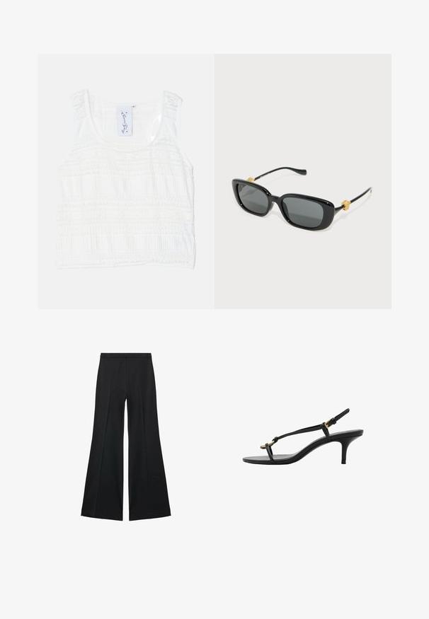 Biały top bez rękawów z teksturowanej tkaniny, ozdobiony poziomymi paskami. Regulowane ramiączka oraz okrągły dekolt z misternym przeszyciem.; Czarne spodnie o szerokich nogawkach z gładką teksturą, z przodu ozdobione zakładkami i skrojonym fasonem. Materiał jest lekki i zwiewny.; Czarne skórzane sandały na koturnie z cienkimi paskami, złotą klamrą i minimalistycznym pętelką na palce na białym tle.; Czarne prostokątne okulary przeciwsłoneczne z szarymi soczewkami i złotymi akcentami w kształcie lwa na zausznikach. Gładka plastikowa oprawka, elegancki design.; Czarna skórzana torebka o gładkiej fakturze, zaokrąglonym kształcie, złotych akcentach metalowych i podwójnych uchwytach. Posiada dekoracyjny zamek z boku.