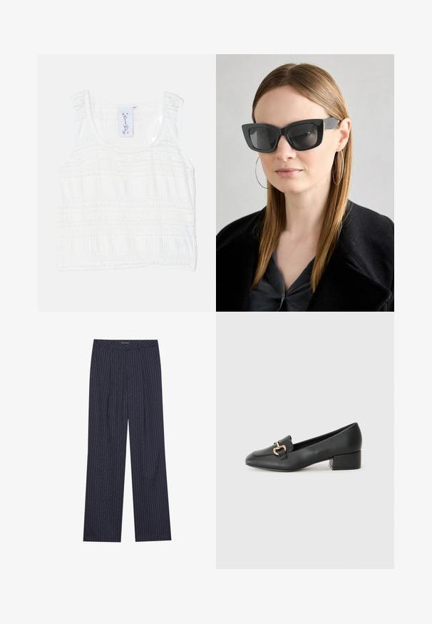 Bijela bezrukavna majica od teksturirane tkanine, koja sadrži horizontalne prugaste uzorke. Podesive naramenice i okrugli izrez s detaljnim šavovima.; Mornarsko plave, hlače širokih nogavica s vertikalnim bijelim prugama, s krojenim pojasom i prednjim naborima za strukturirani izgled.; Crne kožne mokasine s ravnim potplatom, s dekorativnim zlatnim detaljem sprijeda i glatkom teksturom.; Crne mačje naočale s tamnim staklima, debelim okvirima i suptilnim detaljima. Nosit će se s crnim kaputom i sivoj majici, s dugom ravnom kosom.