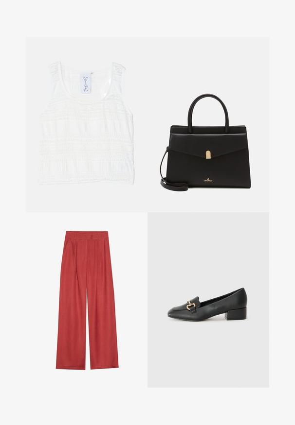 White sleeveless top with textured fabric, featuring horizontal stripe patterns. Adjustable straps and a round neckline with detailed stitching.; Wide-legged trousers in a rich terracotta color, made of textured fabric with front pleats and a classic waistband.; Black leather loafers with a flat heel, featuring a decorative gold hardware detail on the front and a smooth texture.; Black leather handbag with a structured shape, featuring a gold-tone clasp, dual handles, and an adjustable shoulder strap. Logo displayed on front.
