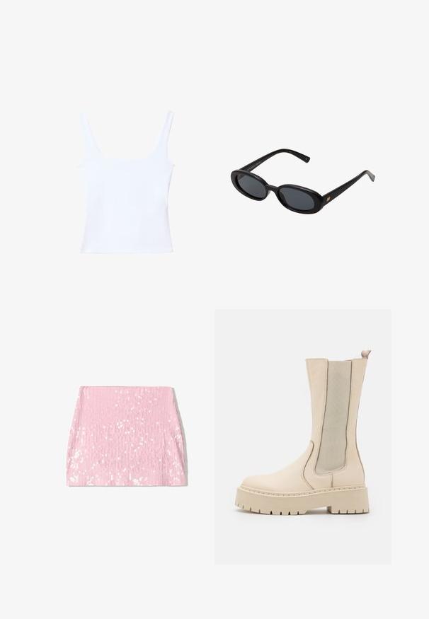 Bijela majica bez rukava s kvadratnim izrezom, širokim trakama na ramenima i prilagođenim krojem. Izrađena od glatkog, rastezljivog materijala za udobnost.; Pink sjajna mini suknja s vertikalnom rebrastom teksturom, s uskim siluetom i sjajnim šljokicama po površini.; Bež čizme do gležnja s teksturiranim kožnim tijelom, elastičnim bočnim panelima i robusnom platformom s dizajnom grubog trola.; Crne velike sunčane naočale s ovalnim staklima, glatkim plastičnim okvirom i zlatnim detaljima na sljepočnicama. Tamna stakla pružaju zaštitu od sunca.