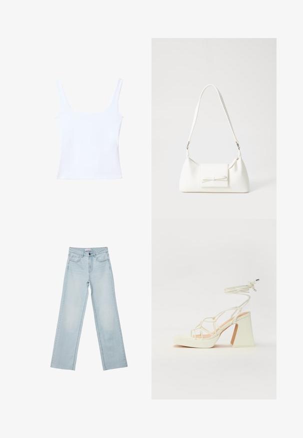 Biely top s hranatým výstrihom, širokými ramienkami a priliehavým telom. Vyrobený z hladkej, elastickej látky pre pohodlie.; Svetlomodré široké džíny vyrobené z denimu. Majú päť vreciek, gombíkový zips a vyblednuté detaily. Klasický rovný strih s voľným strihom.; Biele sandále na vysokom opätku s hrubým podpätkom, s pruhovaným dizajnom a viazaním na členku. Hladký povrch s platformou vpredu pre zvýšenú výšku.; Biela syntetická kabelka s trojuholníkovým tvarom, plochým predným klapkou a detailom mašle, nastaviteľným popruhom, hladkou textúrou a minimalistickým dizajnom.