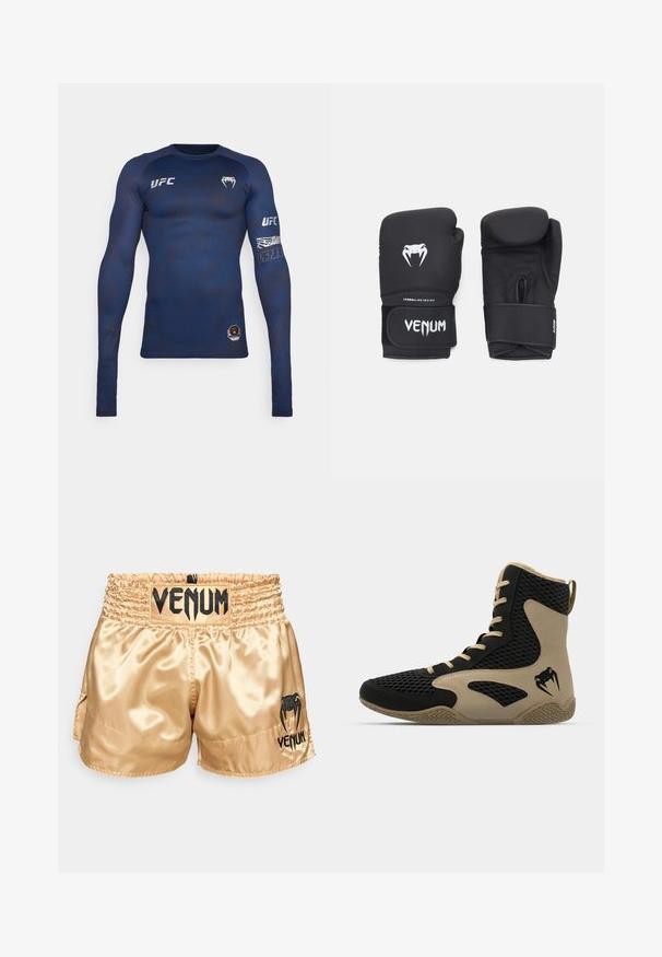 Venum UFC FIGHT WEEK MENS RASHGUARDS - Ilgarankovis viršutinės dalies drabužis - blue; Auksiniai satino bokso šortai su juodu "VENUM" logotipu ant juosmens ir šonų, pasižymintys lygiu paviršiumi ir elastingu juosmeniu patogumui.; Aukštesni sportiniai batai, turintys juodą tinklinį paviršių su smėlio spalvos akcentais. Tekstūruota gumos pašiūrė ir logotipo detalė šonėje.; Juodos bokso pirštinės su lygiu paviršiumi, su baltu "Venom" logotipu ir reguliuojamu kabliuko ir kilpelės dirželiu, užtikrinančiu saugų prigludimą.