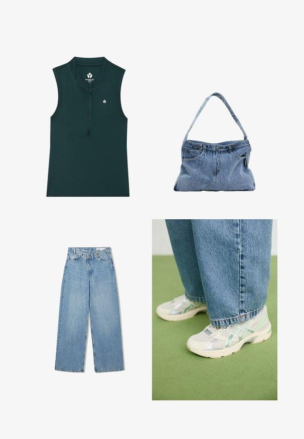 Groene mouwloze sporttop met een hoge kraag en een rits aan de voorkant; gladde textuur met een klein logo op de borst. Geschikt voor sport.; Lichtblauwe wijde jeans van denim, met een hoge taille, vijf zakken, knoopsluiting en subtiele vervaging voor textuur.; Witte en zilveren mesh sneakers met groene accenten, gedragen met losse blauwe jeans, staand op een groen tapijt.; Denim schoudertas met een gebogen hengsel, twee voorzakken en een knoopsluiting aan de bovenkant, met lichtblauwe stof en contrasterende stiksels.