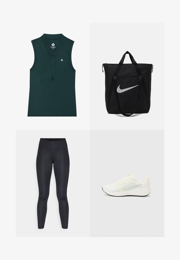 Top ativo sem mangas verde com gola alta e fecho éclair frontal; textura suave com um pequeno logótipo no peito. Adequado para desporto.; Leggings pretas feitos de um tecido liso e elástico. Cintura alta sem padrões ou detalhes visíveis. Ajustam-se de forma justa da cintura até os tornozelos.; Nike Performance DOWNSHIFTER 13 - Sapatos para corrida em estrada - sail/silver-coloured photon dust/summit white/barely volt/black; Saco tote preto em nylon com duas alças resistentes e fecho com zíper. Apresenta um destacado logo branco da Nike em um design de listras horizontais.