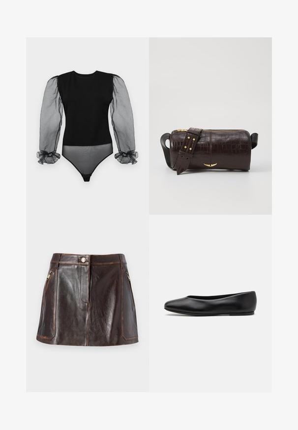 Černý body s pevným tělem a průhlednými, nabíranými rukávy s volány. Hladká textura a přiléhavý střih.; Hnědá kožená mini sukně s elegantním designem, dvěma bočními zipovými kapsami a kontrastním šitím podél okrajů.; Paul Smith TOPANGA - Klasické baleríny - black; Hnědá kabelka z krokodýlí kůže s embosováním, cylindrického tvaru, se zlacenými kovovými prvky a odnímatelným popruhem se hroty.