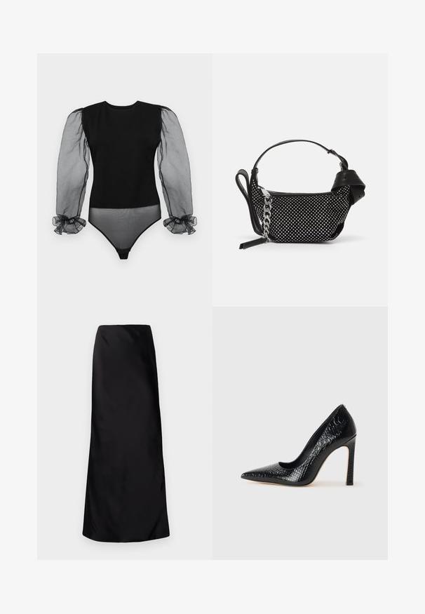 Černý body s pevným tělem a průhlednými, nabíranými rukávy s volány. Hladká textura a přiléhavý střih.; Norma Kamali BIAS OBIE SKIRT - Maxi sukně - black; Černý lodičkový bot s špičatou špičkou, pokrytý texturou krokodýlí kůže, s elegantním designem, vysokým stiletto podpatkem a hladkým černým interiérem.; Černá kabelka s cvočky, řetízkem a hladkým koženým držadlem, kulatého tvaru a se zipovou kapsou.