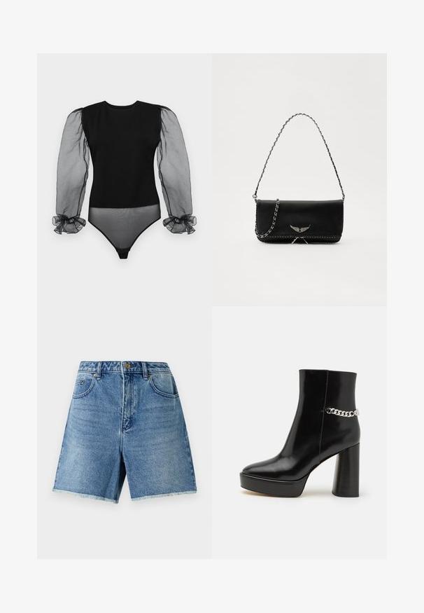Juodas bodis su vientisos medžiagos kūnu ir permatomomis, pūstomis skaidriomis rankovėmis su volanėmis. Lygus paviršius ir prigludęs dizainas.; Šviesiai mėlynos džinsinės šortai su aukštu liemeniu, mygtukų uždarymu, priekinių kišenių ir nepabaigtu apvadu, užtikrinančiu laisvą prigludimą.; Juodas patentuotos odos kulkšninis botinukas su masyviu platforma ir aukštu blokiniu kulnu. Šone yra sidabrinė grandinė. Lygus paviršius.; Juodas odinis delninukas su sidabro spalvos grandinele, papuoštas dekoratyviniais sparnų akcentais ir balta siūle apačioje.