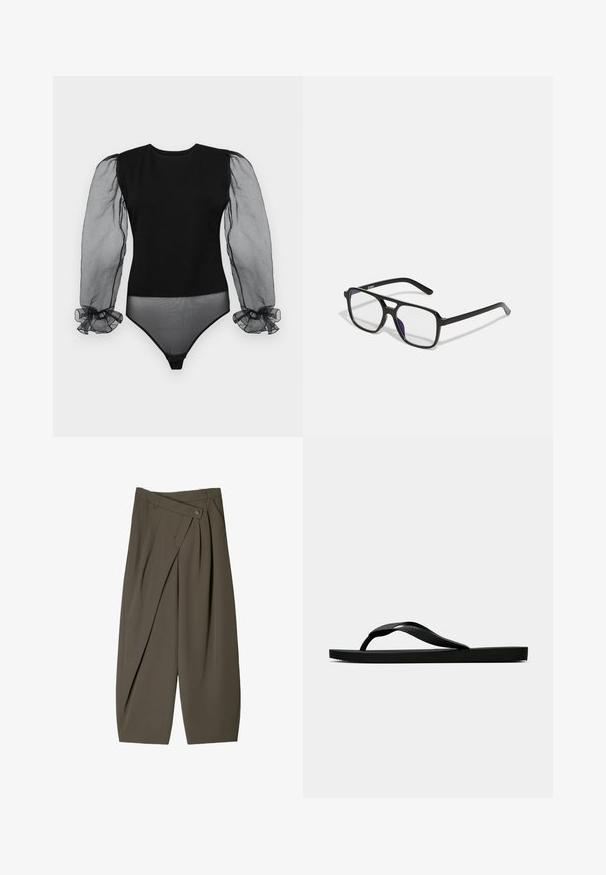 Bodysuit noir avec un corps en tissu uni et des manches transparentes, bouffantes et en organza avec des poignets à volants. Texture lisse et design ajusté.; Pantalons à coupe large en tissu vert olive foncé, avec une finition plissée à l'avant, une fermeture à bouton et une surface texturée brillante.; Tong sandale en caoutchouc noir avec une bride en T texturée et une semelle plate simple, montrée de côté sur un fond clair.; Lunettes rectangulaires noires avec des verres transparents et une subtile teinte violette, dotées de branches élégantes et d'un design minimaliste.
